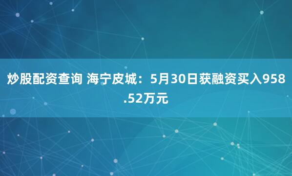 炒股配资查询 海宁皮城：5月30日获融资买入958.52万元